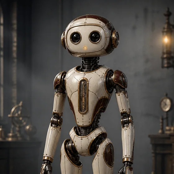 A friendly ivory and oxblood mechanical Bot with large camera-lens eyes
