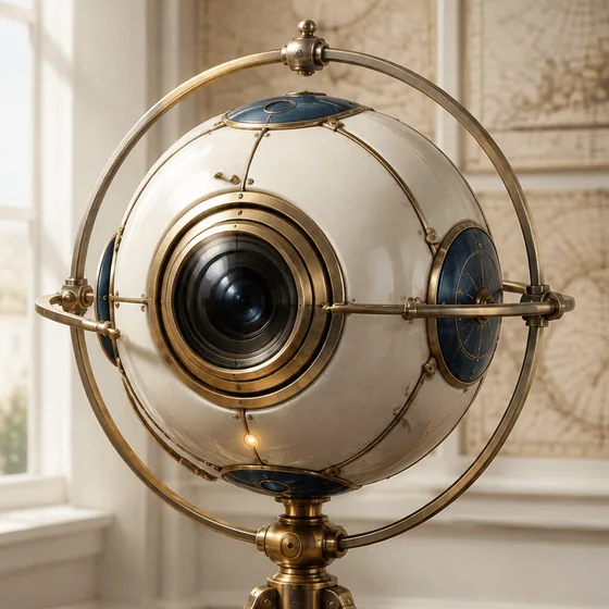 A friendly ivory and cobalt spherical navigation Bot with one central camera lens