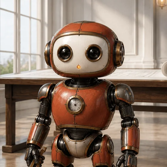 A friendly compact terracotta and ivory mechanical builder Bot with large camera-lens eyes