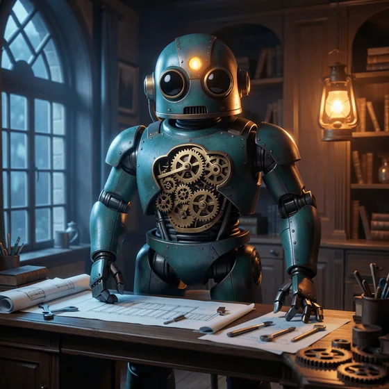 A friendly teal mechanical coding Bot in a warm workshop