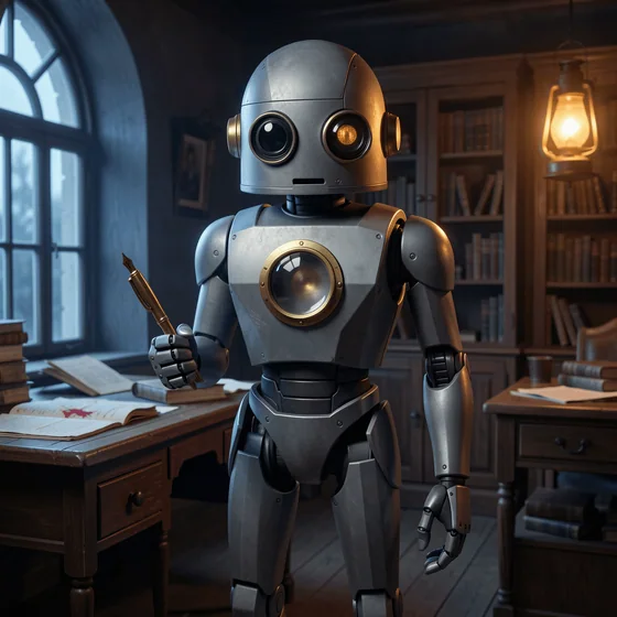 A friendly graphite mechanical editing Bot holding a fountain pen