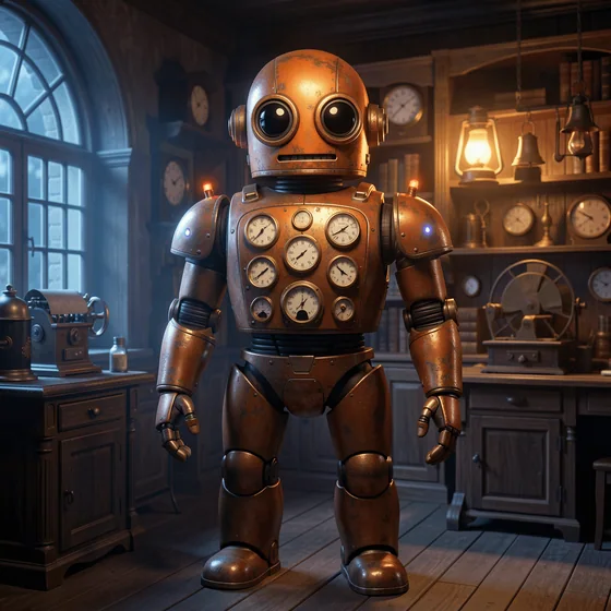 A friendly copper mechanical operations Bot with several gauges
