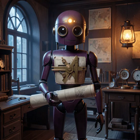 A friendly plum mechanical planning Bot holding a rolled map