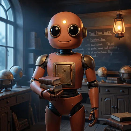 A friendly coral mechanical teaching Bot carrying books