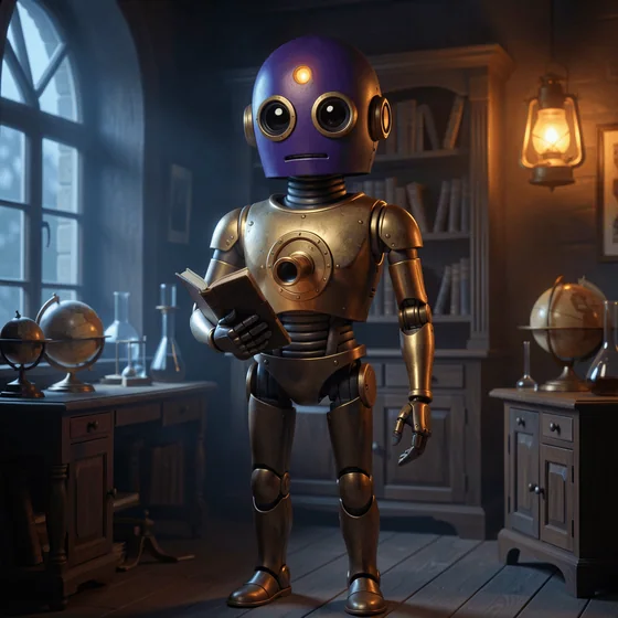 A friendly violet and brass mechanical research Bot holding a notebook