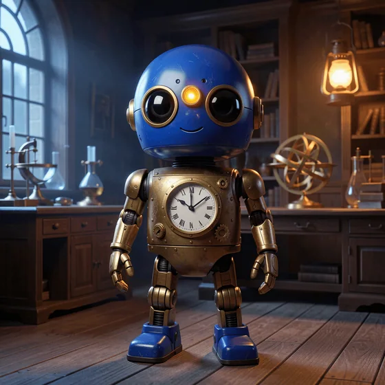 A friendly cobalt mechanical field scout Bot with a clock-like chest instrument