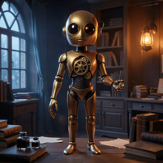 A friendly polished brass mechanical writing Bot in a study