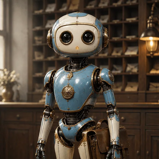 A friendly sky-blue and ivory mechanical courier Bot with large camera-lens eyes