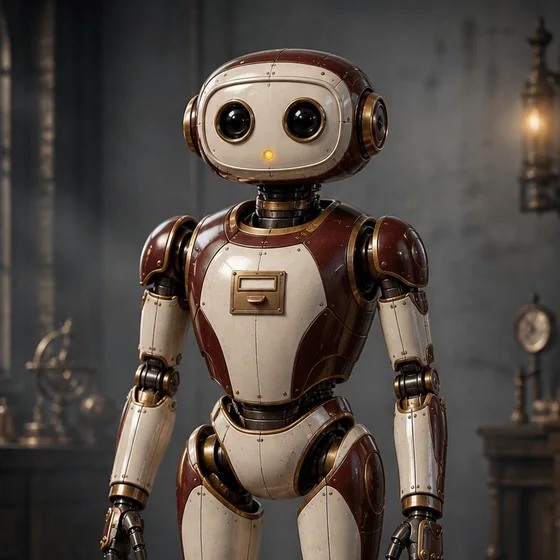 A friendly burgundy and ivory mechanical curator Bot with large camera-lens eyes