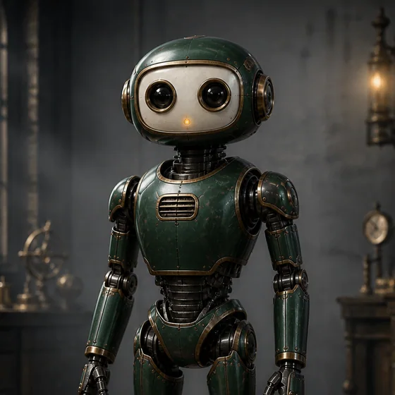 A friendly forest-green mechanical Bot with large camera-lens eyes
