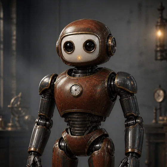 A friendly burnt-umber mechanical Bot with large camera-lens eyes