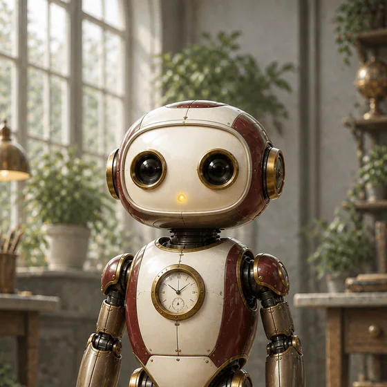 A friendly ivory and oxblood mechanical receipt Bot with large camera-lens eyes