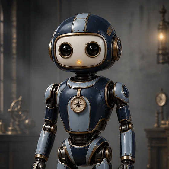 A friendly midnight-indigo mechanical reentry Bot with large camera-lens eyes