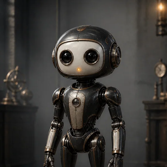 A friendly graphite and pewter mechanical Bot with large camera-lens eyes