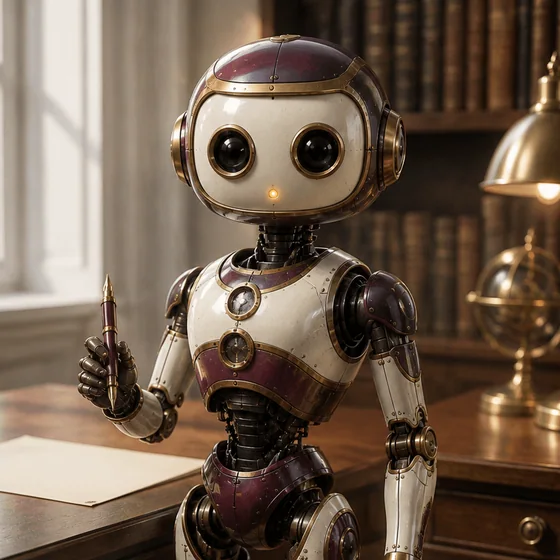 A friendly ivory and plum mechanical writing Bot with large camera-lens eyes