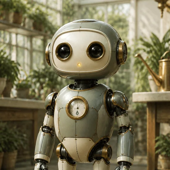A friendly sage and ivory mechanical steward Bot with large camera-lens eyes