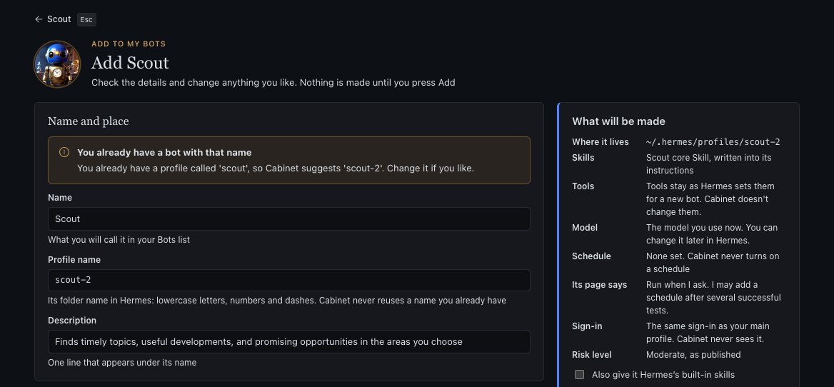 A notice reading You already have a bot with that name, suggesting scout-2