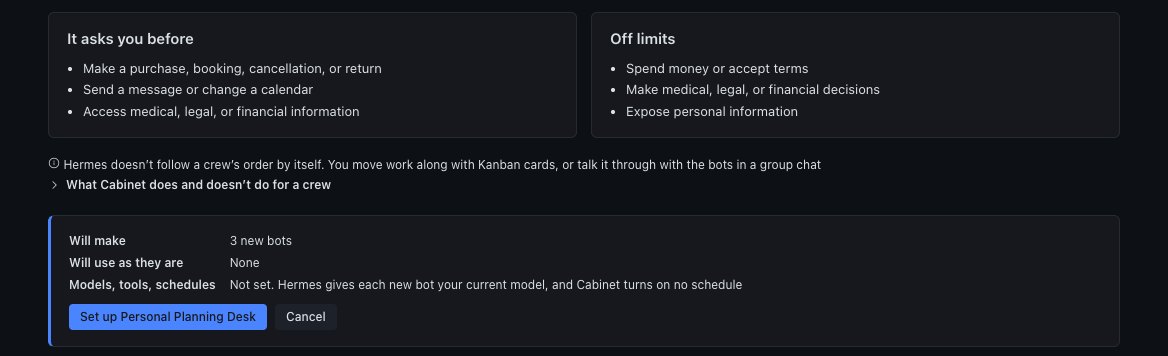 It asks you before, Off limits, a note that Hermes doesn't follow a crew's order by itself, and the Set up button