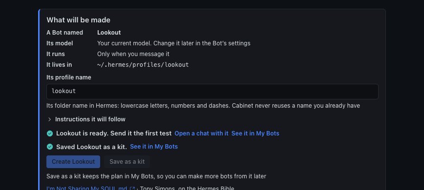 What will be made: the Bot's name, model, when it runs, its profile name, and Create the Bot or Save as a kit