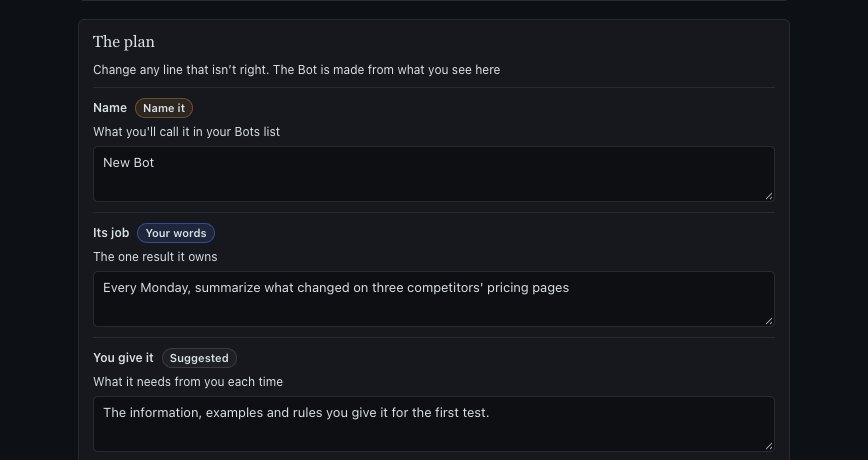 The plan: Name, Its job, You give it, each tagged Your words or Suggested