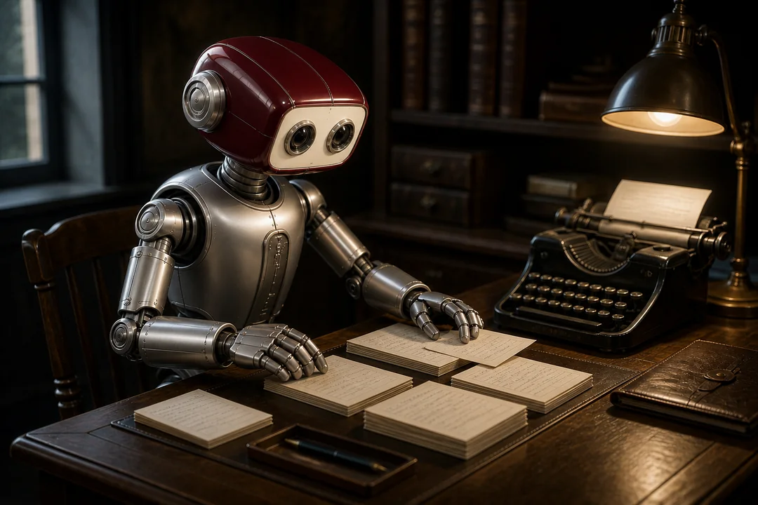 A small Bot organizes meeting notes at a wooden desk
