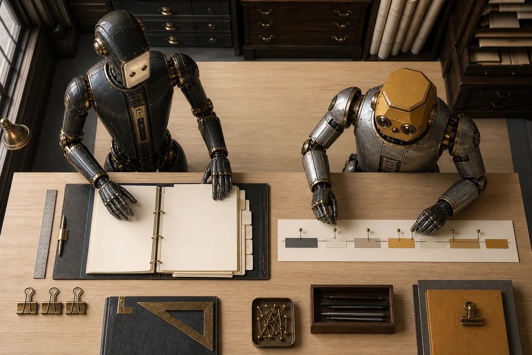 Two Bots assemble a proposal at a drafting table