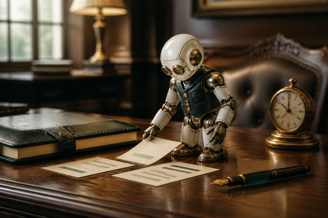 A small Bot arranges briefing cards on an executive desk
