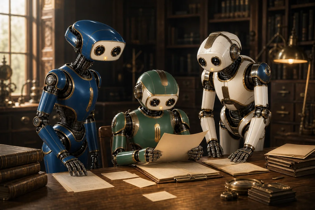 Three Bots compare source material around a studio worktable