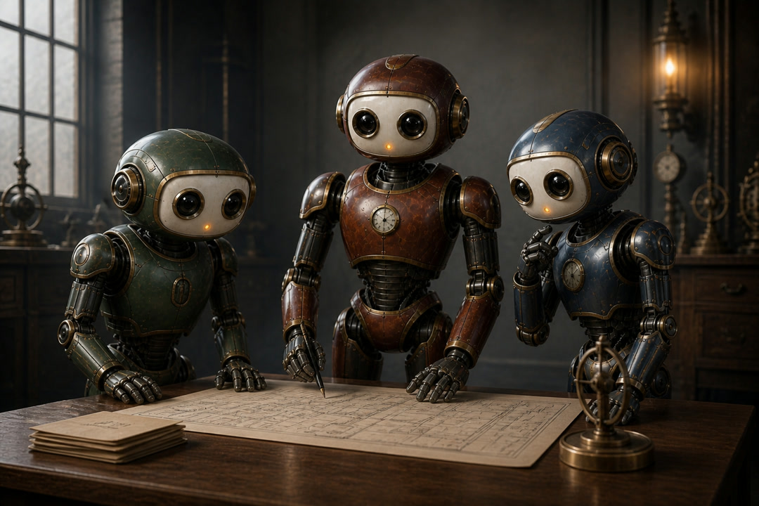 Three friendly Bots evaluate a new venture around a workshop table