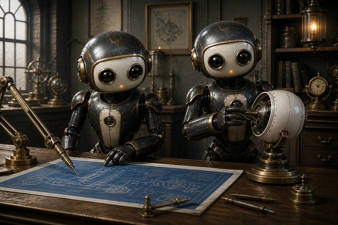 Two friendly Bots inspect a blueprint and prototype