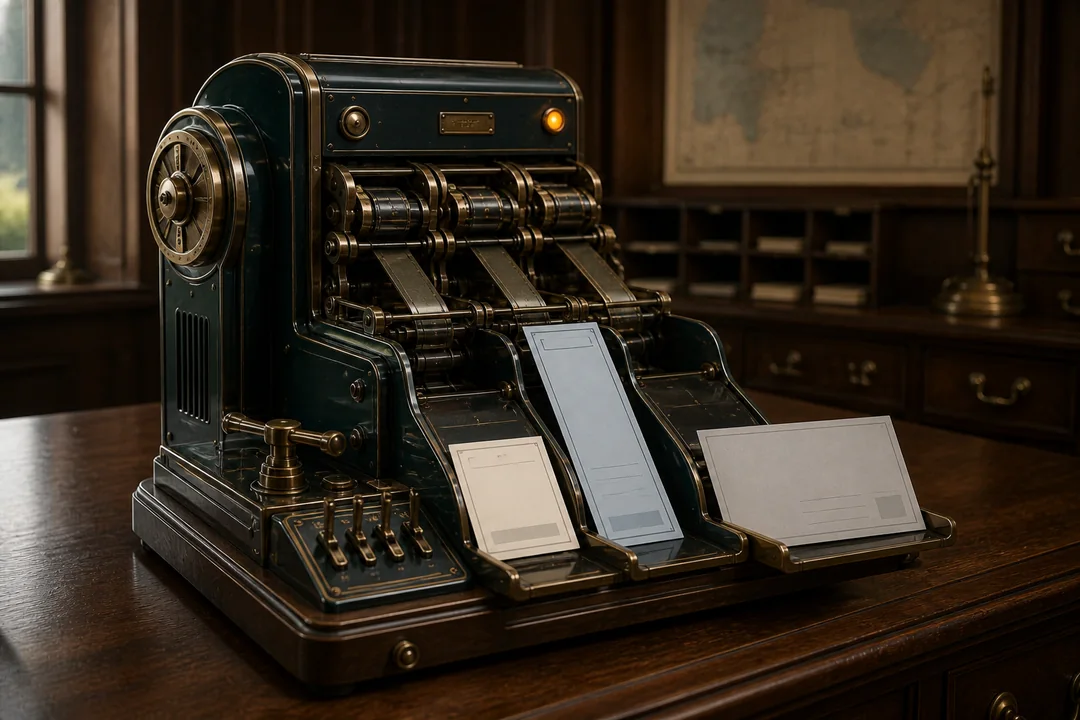 A mechanical dispatcher sorts content into three output trays
