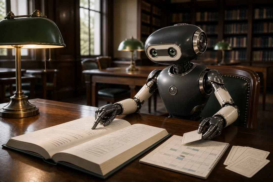 A tutor Bot studies a book and weekly plan at a library desk