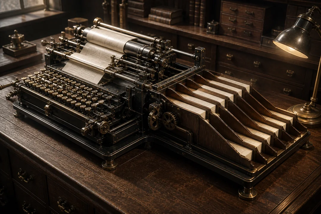 A mechanical typesetting machine organizes pages for a newsletter